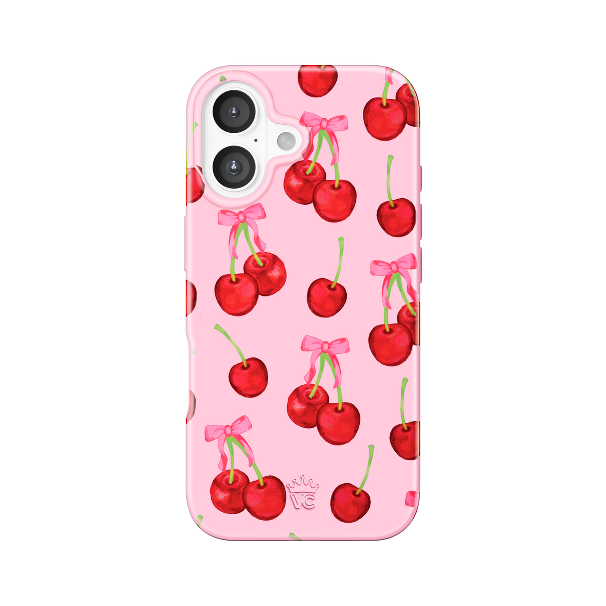 Phone case with cherry design on a pink background