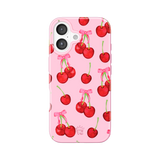 Phone case with cherry design on a pink background