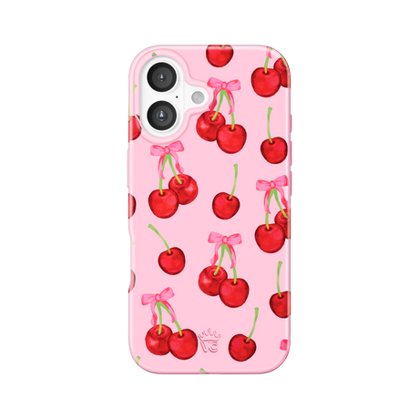 Phone case with cherry design on a pink background