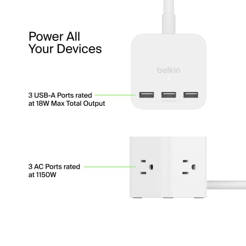 Belkin - 3 Outlet Power Cube With 5ft Cord And Usb A Ports - White