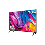 TCL 32 inch Q3K QLED TV angled right view on stand feet