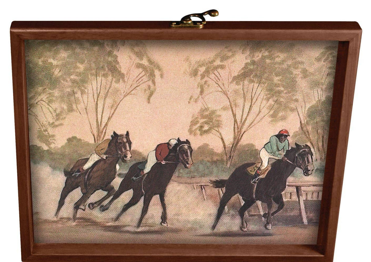 Decorative box with a painting of three horses racing, framed in wood.