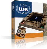 Wooden game box for 'Shut the Box' with dice and numbers, featuring 'we Games' branding.
