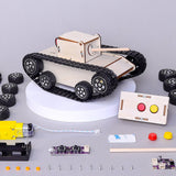 Wooden tank model kit with components on a gray background