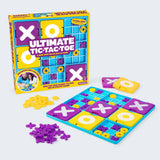 Tic-tac-toe game set with board, pieces, and packaging on a white background