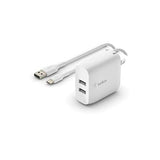 Belkin - Dual Port Usb A 24w Wall Charger With Usb A To Usb C Cable 3ft - White