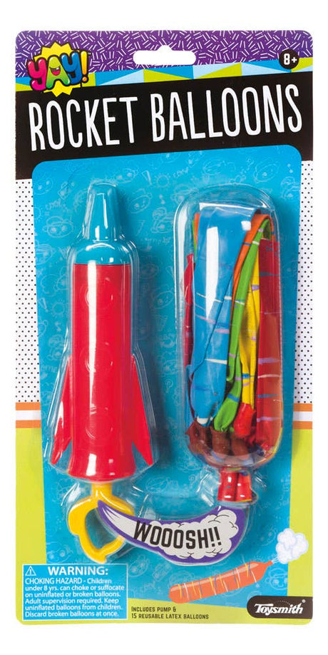 Rocket balloons packaging with red rocket and colorful balloons on a blue background