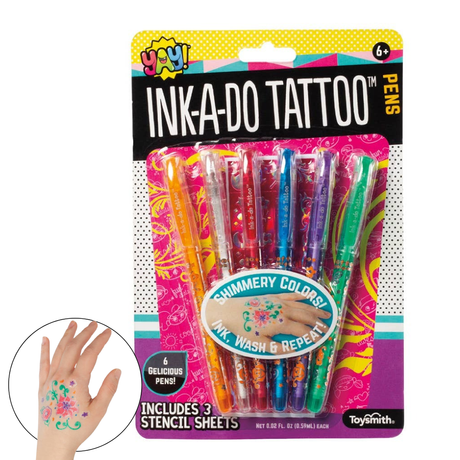Packaging of Inka-Do Tattoo Pens with colorful pens and a hand with temporary tattoos.