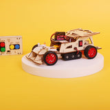 Wooden robot model on a white platform with a yellow background