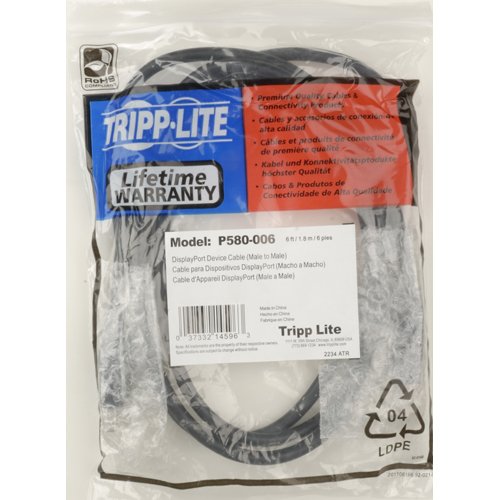 Tripp Lite DisplayPort Cable with Latches (M/M), DP to DP, 4K x 2K, 6-ft. (P580-006), Black, Monitor