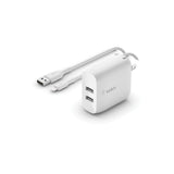 Belkin - Dual Port Usb A 24w Wall Charger With Apple Lightning Cable 3ft - White