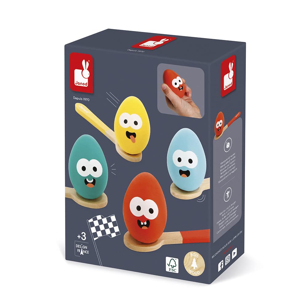 Janod - Egg Race Game - 4 Spoons and 4 Wooden Eggs - Ages 3 Years