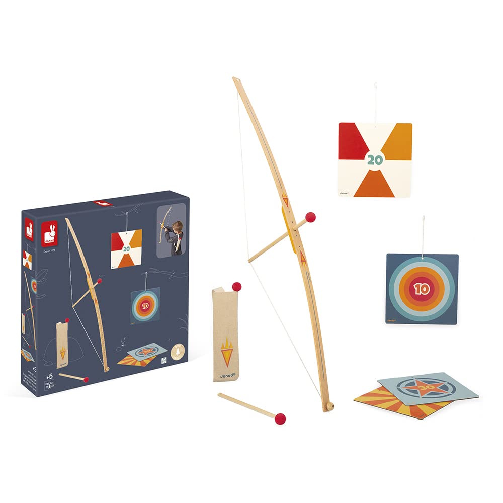 Janod - Wooden Archery Set - A Bow, 3 Arrows, a Quiver and 4 Targets - Outdoor Game and Sport - Dexterity and Motor Skills - 5 Years +