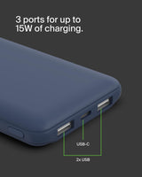 Belkin - Boost Up Charge 3 Port Portable Power Bank 10,000 Mah With Usb A To Usb C Cable - Blue