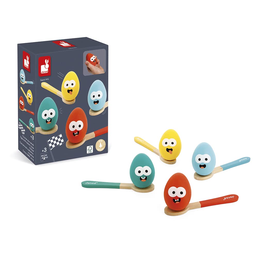 Janod - Egg Race Game - 4 Spoons and 4 Wooden Eggs - Ages 3 Years