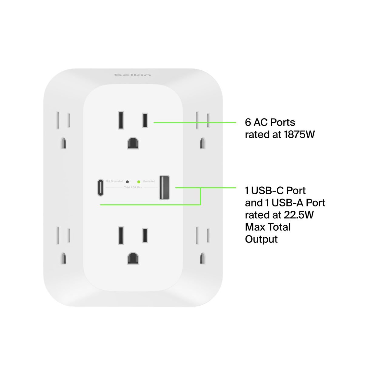 Belkin - 6 Outlet Wall Surge Protector With Usb C And Usb A Ports - White