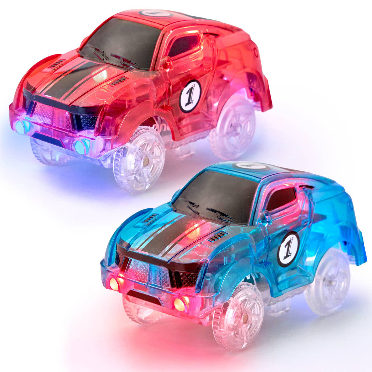 2 Light Up Racer Cars Speedway Themed Toy Set