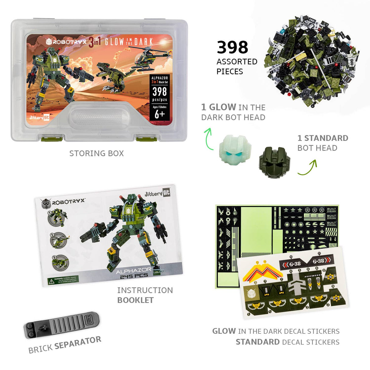 Glow in The Dark Army Robot 3-in-1 Set (398 Pc) AlphaZor