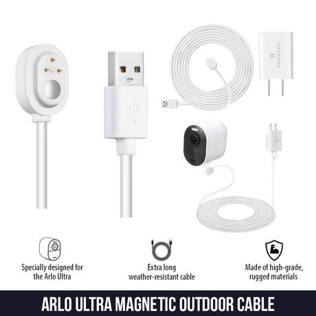 25ft/7.6m Weatherproof Charging Cable with Quick Charge Adapter Compatible with Arlo Pro 3/4/5s (White) (Not Compatible with Arlo Essential Spotlight)