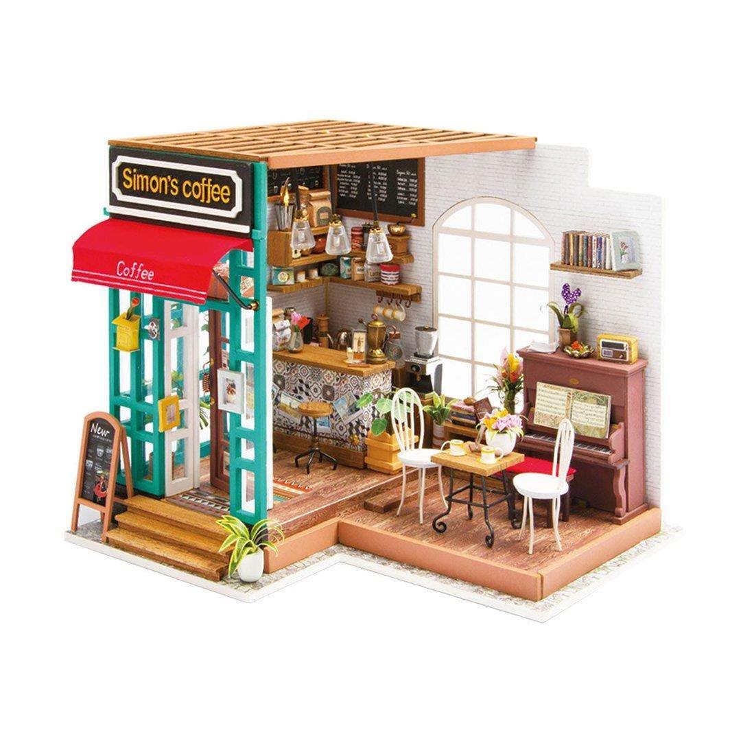 Robotime 3D DIY House Kit Cafe House with LED Light Model Making Miniature Woodcraft Dollhouse Puzzle Challenge Gift Set (Simon's Cafe)