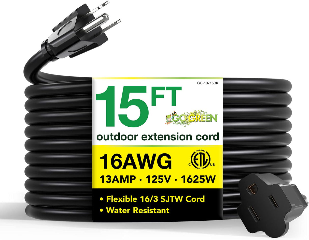 6100572: GOGREEN HEAVY-DUTY OUTDOOR POWER EXTENSION CORD - BLACK - 8' - 15'