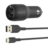 Belkin - Dual Port Usb A Car Charger 24w With Usb A To Usb C Cable 3ft - Black