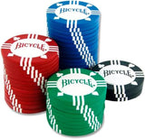 Stacks of red, blue, green and black Bicycle 8 gram clay poker chips