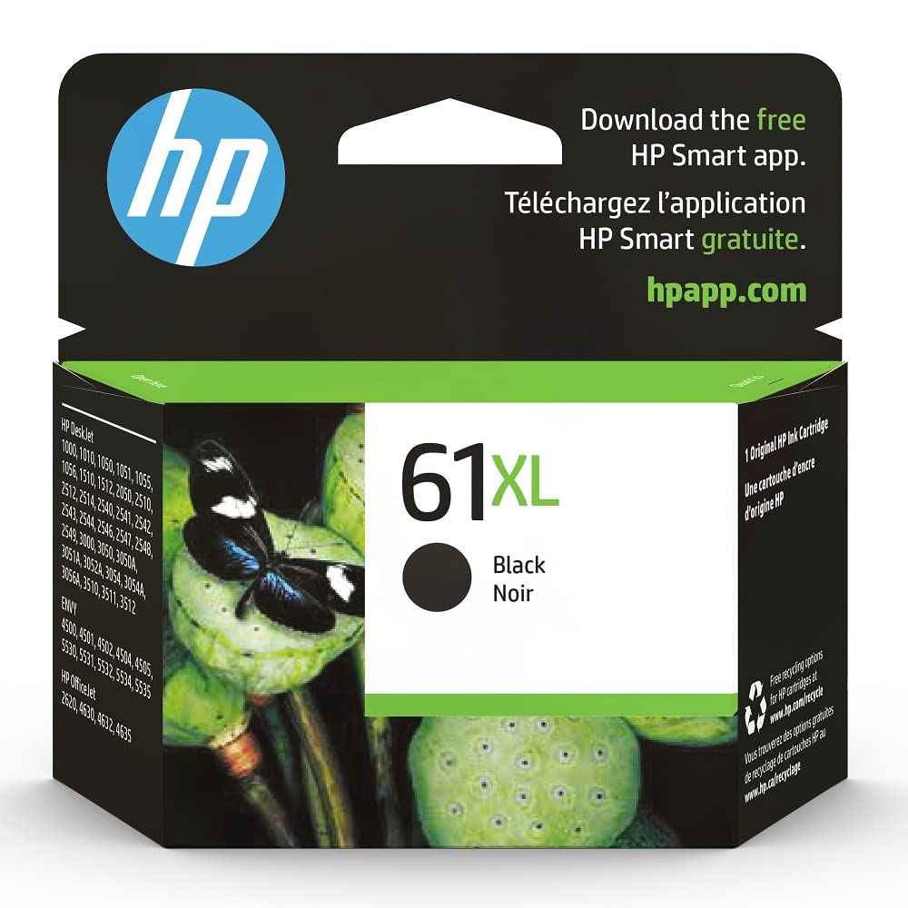 HP 61XL Black High-yield Ink | Works with DeskJet 1000, 1010, 1050, 1510, 2050, 2510, 2540, 3000, 3050, 3510; ENVY 4500, 5530; OfficeJet 2620, 4630 Series