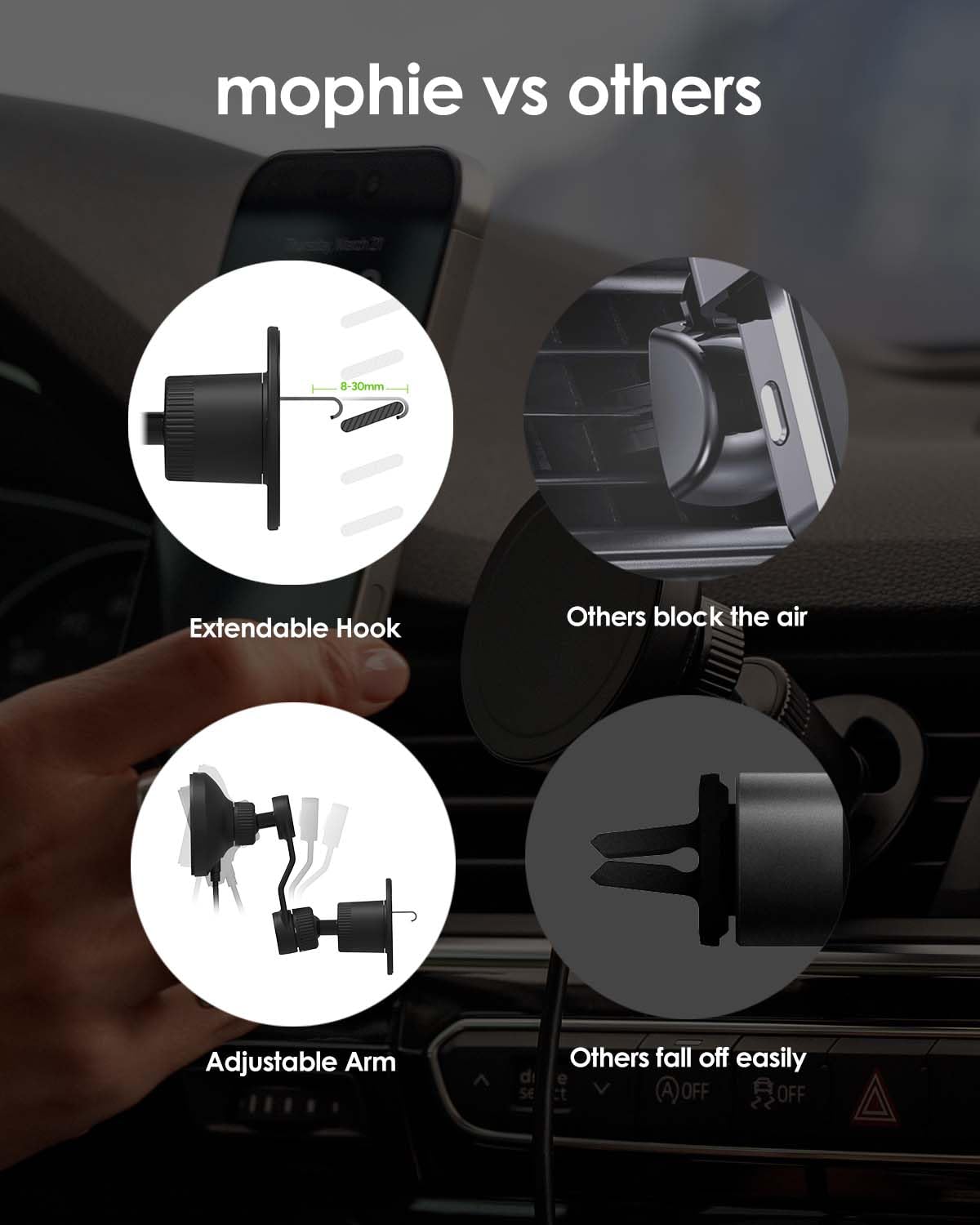 Mophie - Snap Plus Wireless Charging Car Vent Mount With Qi2 - Black