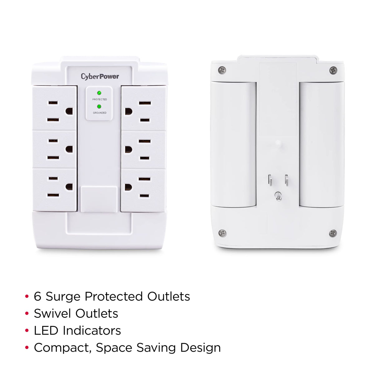 CyberPower CSB600WS Surge Protector, 900J/125V, 6 Swivel Outlets, Wall Tap, White, UL Listed