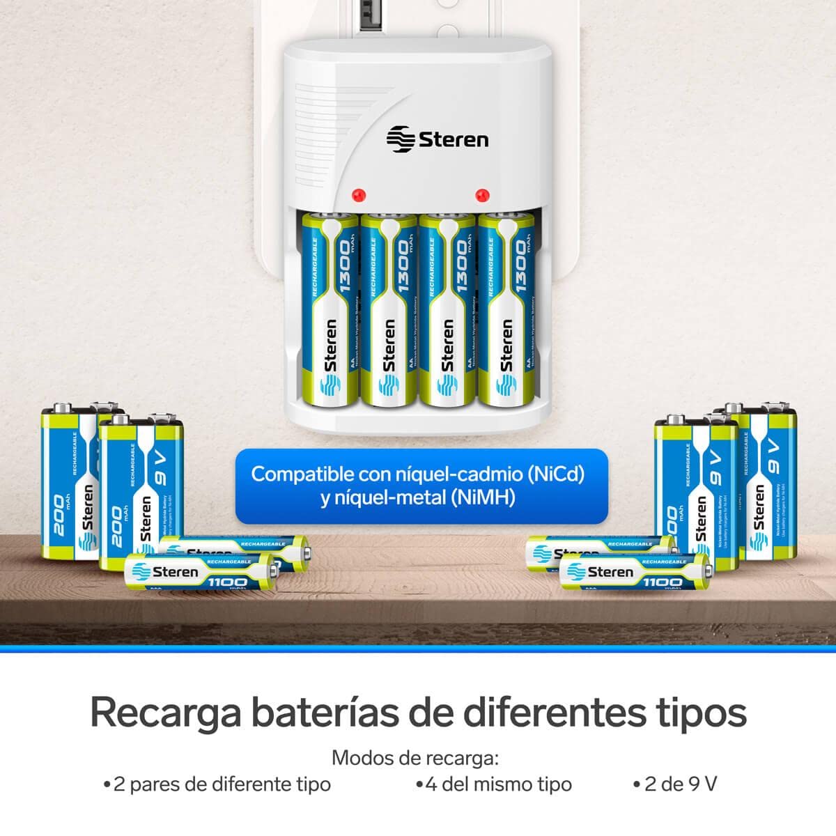 BATTERY CHARGER NICD/NIMH FOR AA/AAA/9V. INCLUDES 4 AA BATTERIES