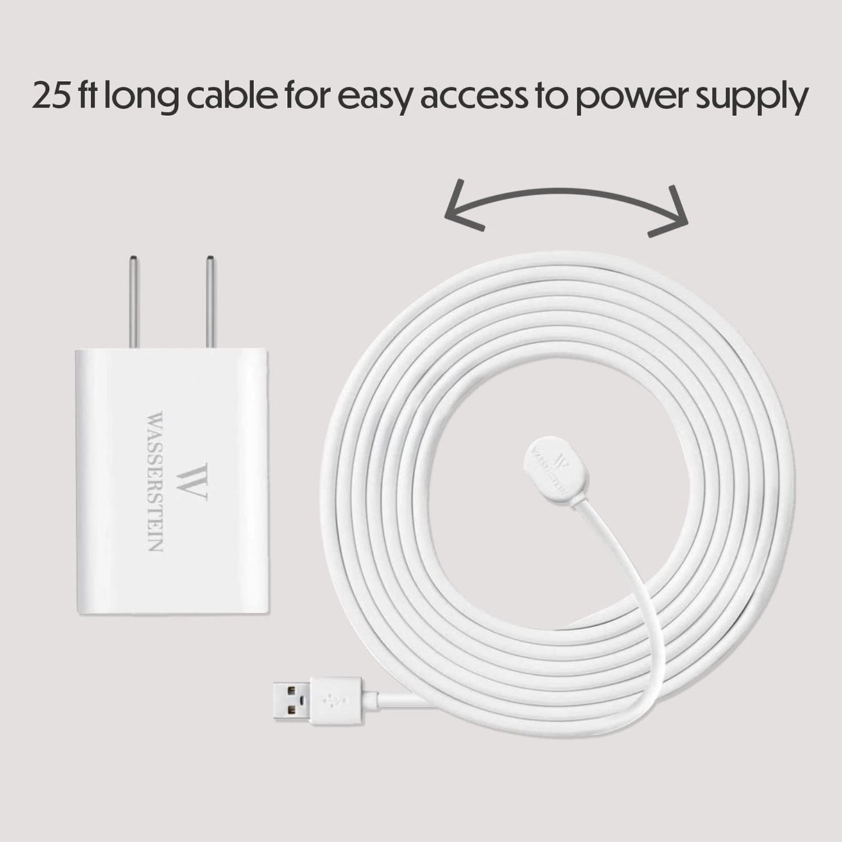 25ft/7.6m Weatherproof Charging Cable with Quick Charge Adapter Compatible with Arlo Pro 3/4/5s (White) (Not Compatible with Arlo Essential Spotlight)