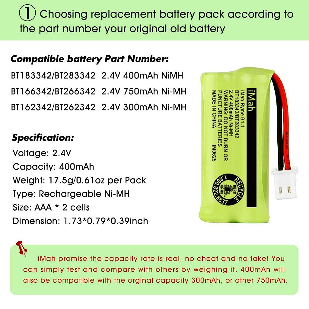 iMah BT183342/BT283342 2.4V 400mAh Ni-MH Battery Compatible with AT&T CL82207 EL52100 EL50003 VTech CS6709 CS6609 CS6409 BL102-3 Handset Replace Battery BT166342 BT266342 BT162342 BT262342, (Single Battery)
