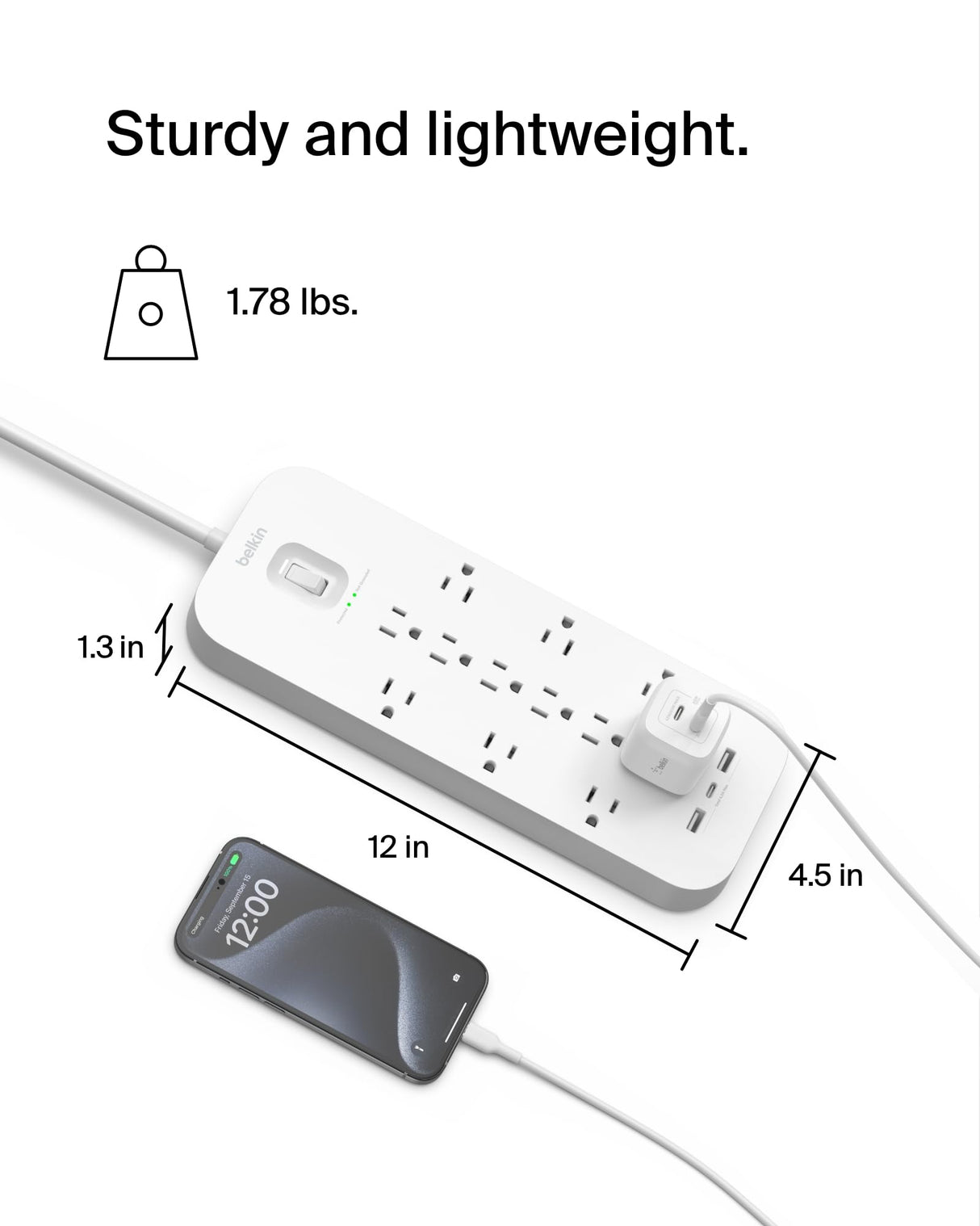 Belkin - 12 Outlet Surge Protector With Usb C And Usb A Ports - White