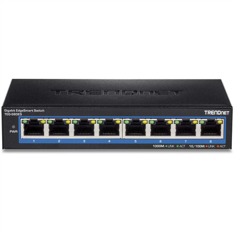 Used TRENDnet 8-Port Gigabit EdgeSmart Switch, 8 x Gigabit Ports, 16Gbps Switch Capacity, Ethernet Network Desktop Switch, Managed Gigabit Switch, Metal, Fanless, Lifetime Protection, Black, TEG-S80ES