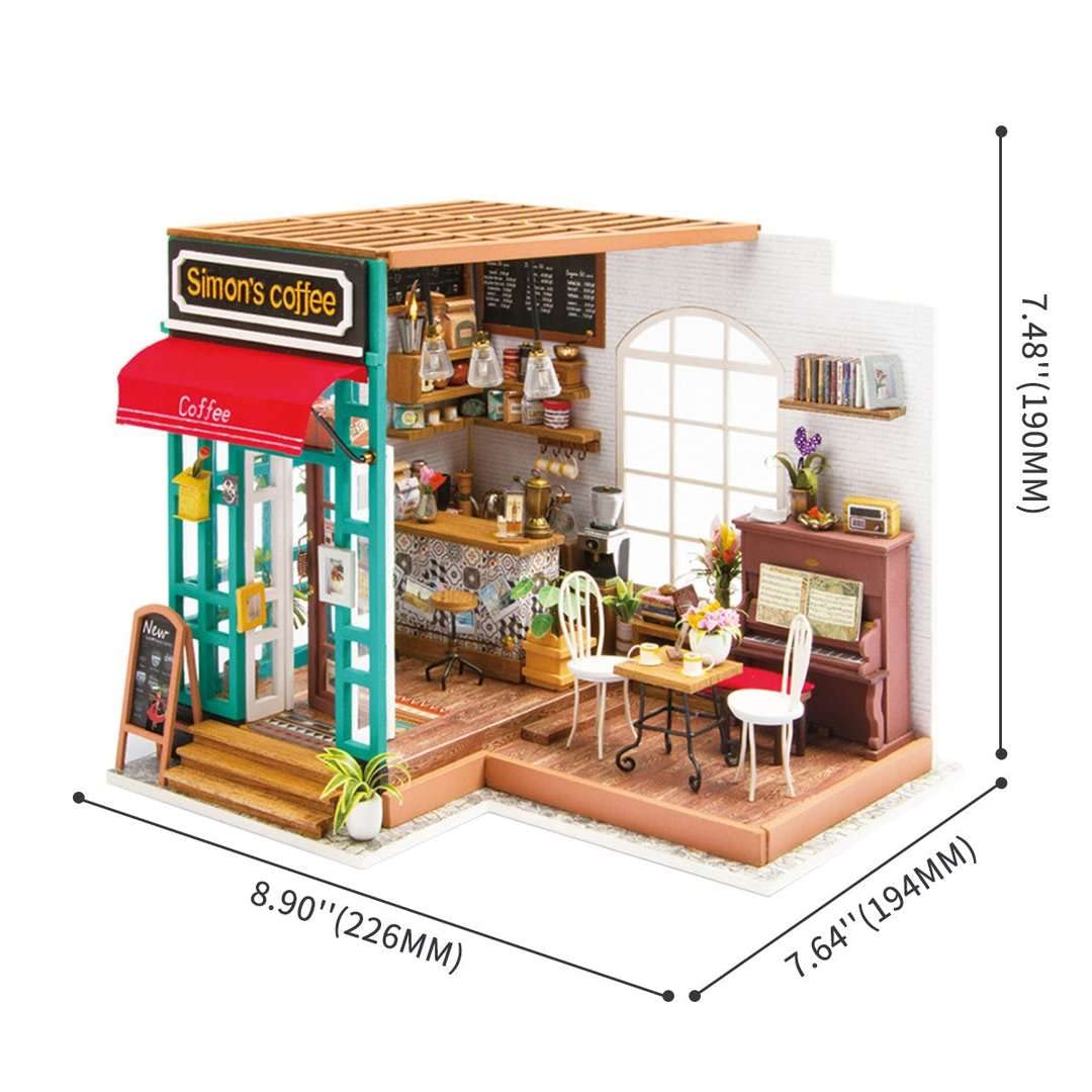 Robotime 3D DIY House Kit Cafe House with LED Light Model Making Miniature Woodcraft Dollhouse Puzzle Challenge Gift Set (Simon's Cafe)