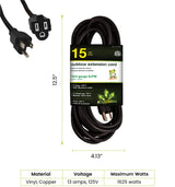 6100572: GOGREEN HEAVY-DUTY OUTDOOR POWER EXTENSION CORD - BLACK - 8' - 15'