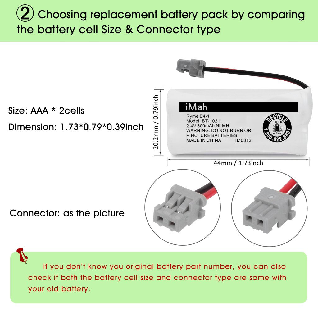 iMah BT-1021 2.4V 300mAh Cordless Phone Battery Compatible with Uniden BT-1016 BT-1025 BT-1008 DCX160 DCX170 DCX200 DWX207 DCX210 DCX291 DCX309 DCX350 Handset (Single Battery)