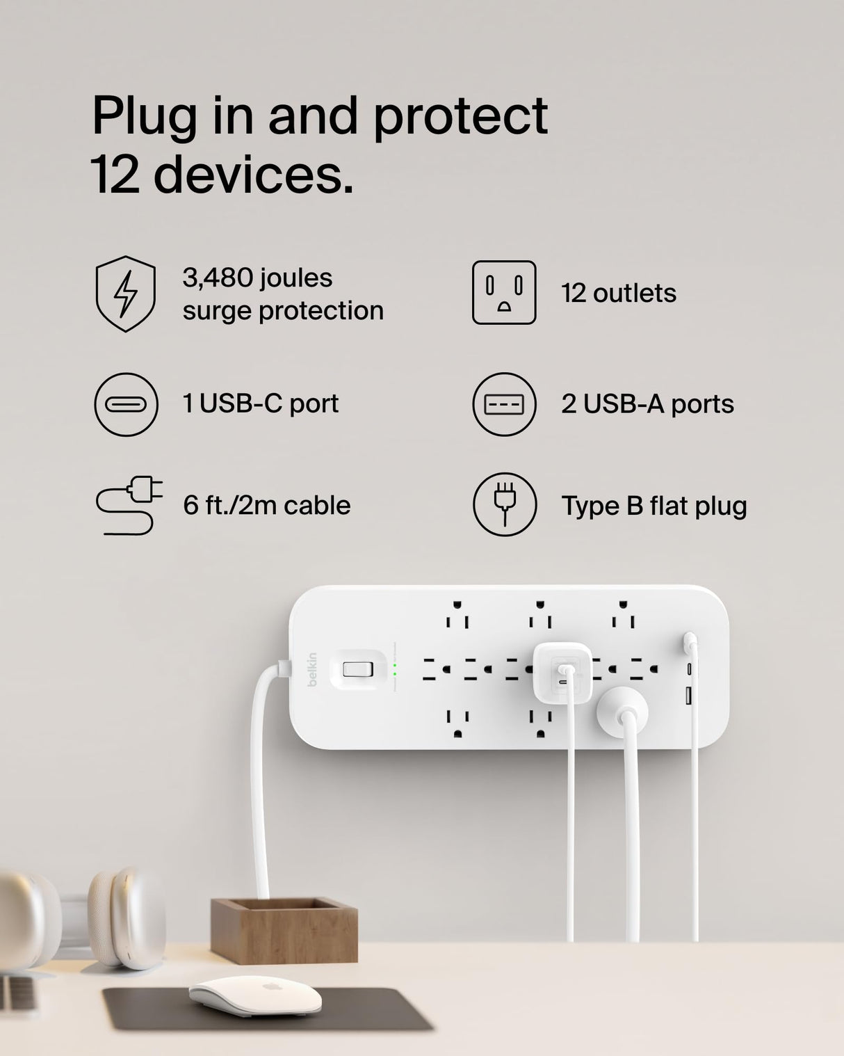 Belkin - 12 Outlet Surge Protector With Usb C And Usb A Ports - White