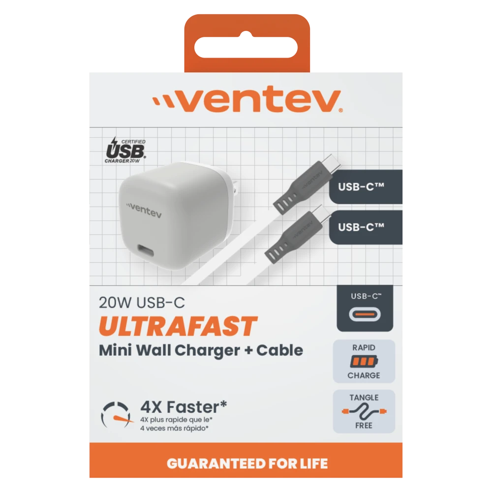 Ventev - 20W ULTRAFAST USB C Universal Wall Charger and USB C to USB C Cable - Gray