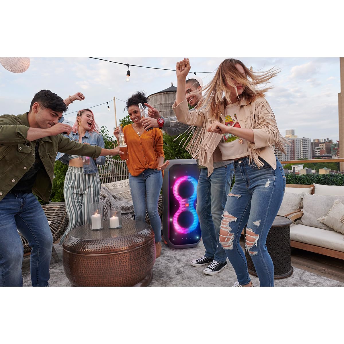 JBL PartyBox 710 -Party Speaker with Powerful Sound, Built-in Lights and Extra Deep Bass, IPX4 Splash Proof, App/Bluetooth Connectivity, Made for Everywhere a Handle Wheels (Black)