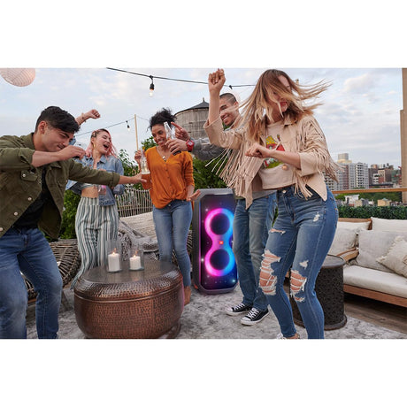 JBL PartyBox 710 -Party Speaker with Powerful Sound, Built-in Lights and Extra Deep Bass, IPX4 Splash Proof, App/Bluetooth Connectivity, Made for Everywhere a Handle Wheels (Black)