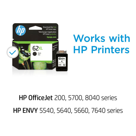 HP 62XL Black High-yield Ink cartridge | Works with HP ENVY 5540, 5640, 5660, 7640 Series, HP OfficeJet 5740, 8040 Series, HP OfficeJet Mobile 200, 250 Series