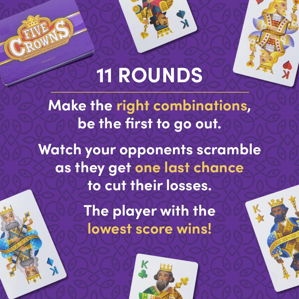 PlayMonster Five Crowns — The Game Isn't Over Until the Kings Go Wild! — 5 Suited Rummy-Style Card Game — For Ages 8+