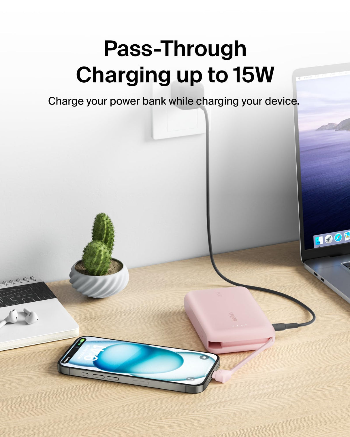 Belkin - Boostcharge Power Bank With Integrated Cable 10,000 Mah - Pink