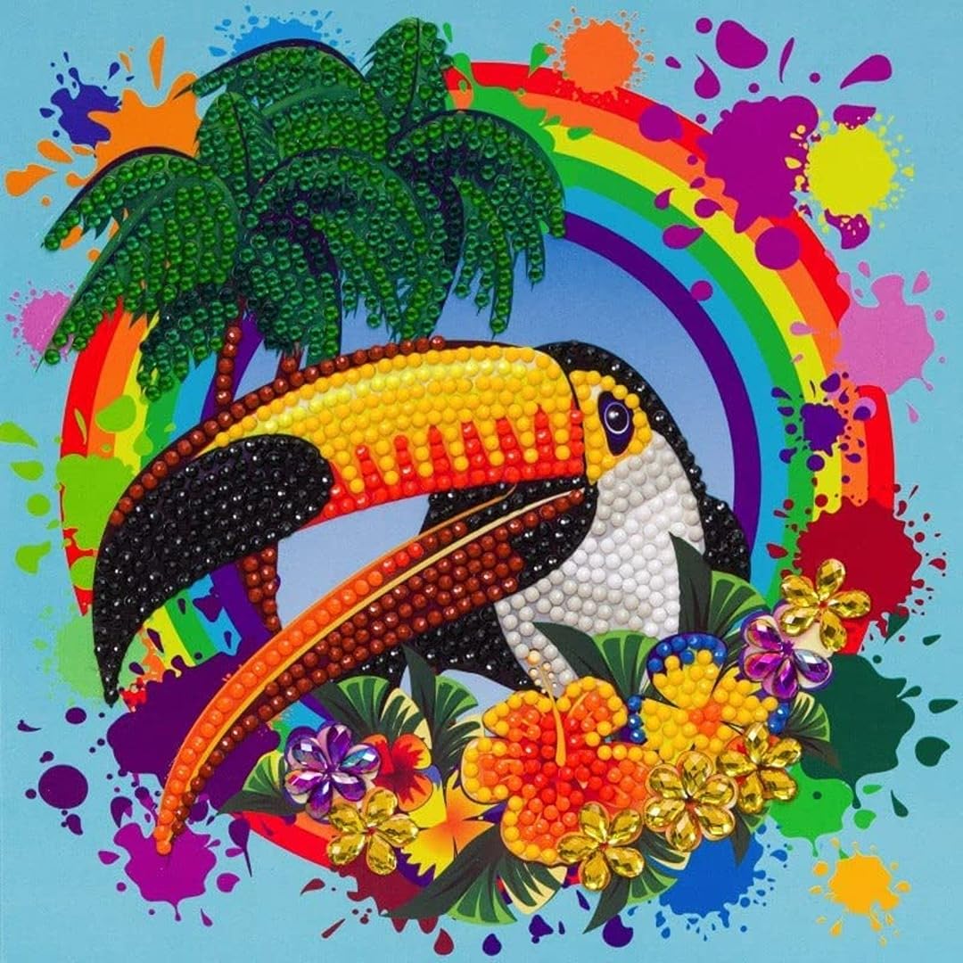 Crystal Art Diamond Painting Card Kit - Rainbow Toucan- Create Your Own 7"x7" Card Kit - for Ages 8 and up