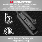 MONSTER POWER STRIP SURGE 6 AC 2 USB A BLACK