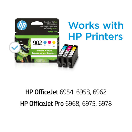 HP 902 Cyan, Magenta, Yellow Ink Cartridges (3-pack) | Works with HP OfficeJet 6950, 6960 Series, HP OfficeJet Pro 6960, 6970 Series | T0A38AN