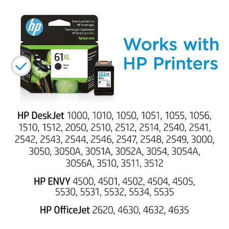 HP 61XL Black High-yield Ink | Works with DeskJet 1000, 1010, 1050, 1510, 2050, 2510, 2540, 3000, 3050, 3510; ENVY 4500, 5530; OfficeJet 2620, 4630 Series