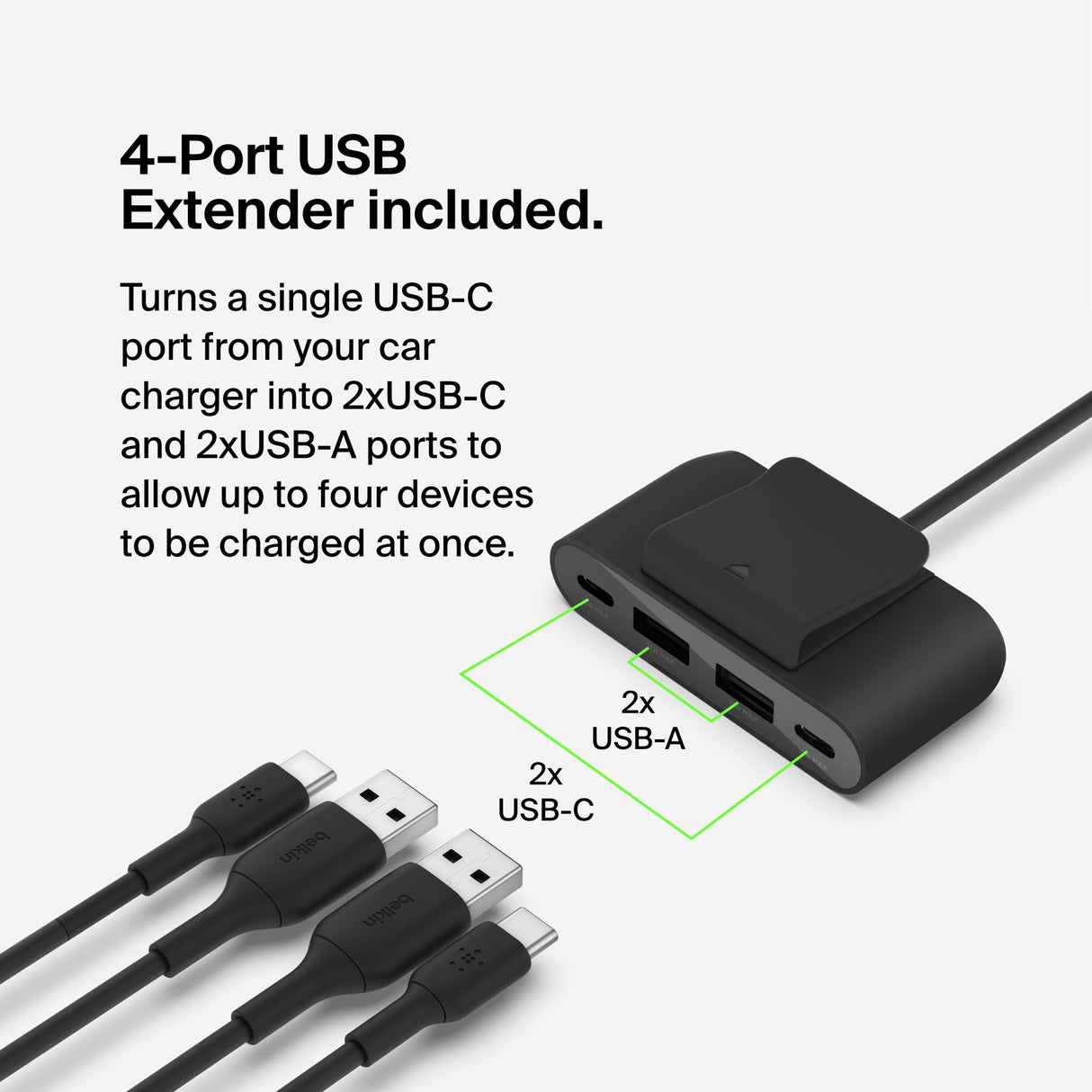 Belkin - 30w Pd Car Charger With 4 Port Power Extender 2m - Black